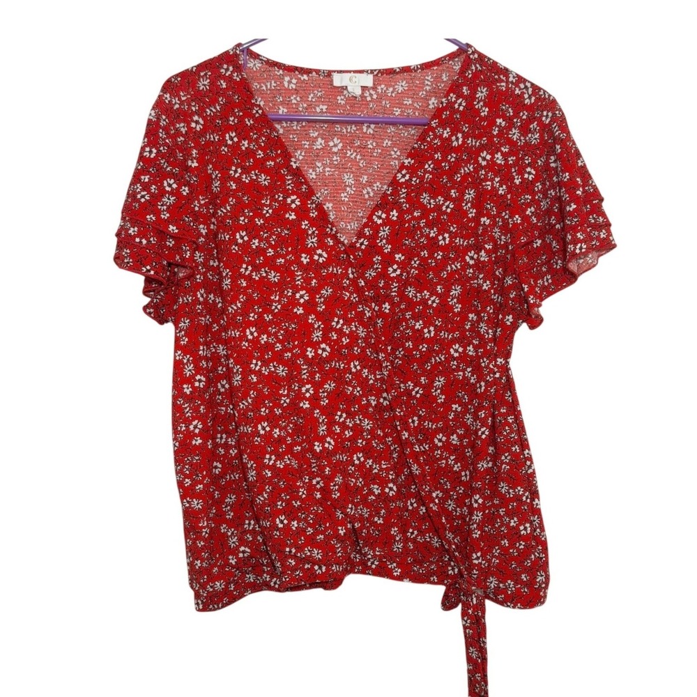 C by Charlotte Russe Wrap Top Red Floral Flutter Sleeve Women Large Boho Summer